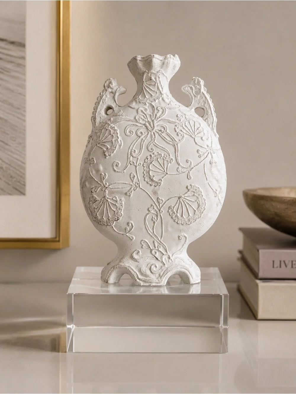Vtg Continental Blanc-de-Chine Double Handled Porcelain Relief Vase #1220256